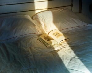 http://An%20open%20book%20rests%20on%20the%20rumpled%20white%20sheets%20of%20an%20unmade%20bed.%20A%20strong,%20diagonal%20beam%20of%20warm%20sunlight%20illuminates%20the%20book%20and%20pillows,%20while%20the%20rest%20of%20the%20bed%20remains%20in%20cool%20shadow.