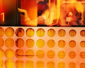 A warm-toned, blurry image from inside a vehicle, likely a bus seen through a window and panel. The upper window shows a person with reddish hair from behind, their hand extended, and the number 1 on the left. The lower panel has rows of circular openings revealing a textured orange surface.